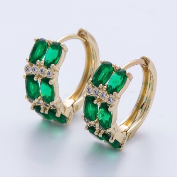 Jewelry - 14K Gold Filled Green CZ Oval Huggie Earrings | Emerald Look Hoops